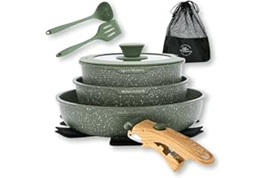 Kitchen Academy Ensemble de casseroles et poêles à poignée amovible – Batterie de cuisine verte de 10 pièces avec poignée amovible, batterie de cuisine à induction pour camping