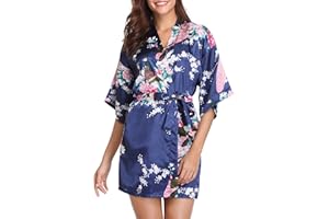 Vlazom Women Kimono Robes Satin Dressing Gown Peacock and Blossoms Sleep Lounge Nightwear Short Silk Bride Bridesmaid Robe