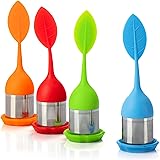 COM-FOUR® 4x Infusore da tè in acciaio inossidabile e silicone - colino da tè con coperchio e piattino - filtro da tè [la sel