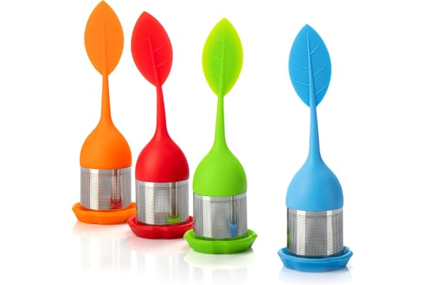 COM-FOUR® 4x Infuser à thé en acier inoxydable et silicone - passoire à thé avec couvercle et soucoupe - boule à thé (04 pièces - feuille 2 vert orange bleu rouge)