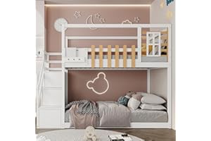 Aoskem Kinderbett Etagenbett 90x200 cm für 2 Kinder, Hochbett Hausbett mit Treppe Stauraum, Holzbett mit Fenster & Gitter, Bettgestell Kinderbett mit Rausfallschutz & Lattenrost, Ohne Matratze, Weiß