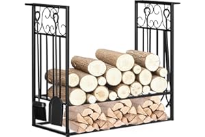 HOMCOM Estante para Leña de Chimenea 75x30x60 cm Soporte para Leña Tradicional Portaleña de Diseño Vintage con 4 Herramientas Base Elevada Carga Máx. 100 kg Acero para Interior y Exterior Negro