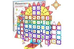 PicassoTiles 121 szt. Master Builder Magnetyczny zestaw konstrukcyjny klocków magnetycznych Bloki magnetyczne z samochodową ciężarówką, 2 figurki postaci, 28 edukacyjnych alfabetów ze zwierzętami