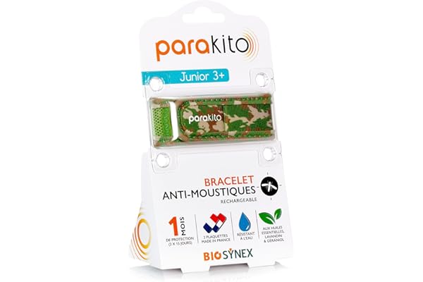 PARAKITO - Bracelet Anti-Moustiques Réutilisable - 2 Plaquettes Incluses aux Huiles Essentielles - 1 Mois de Protection - Sans DEET - Taille Junior 3+ (Camouflage)