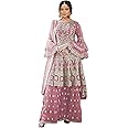 Miss Ethnik Women's Beige Net Semi Stitched Top With Stitched Net Bottom and Net Dupatta Embroidered Flared Top Dress Material (Kurta Palazzo Set) (D-1027)_Free Size