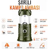 3 Fonksiyonlu Şarjlı Solarlı Kamp Lambası El Feneri Powerbank &Ouml;zellikli Taşıma Kulplu Haki 5800T
