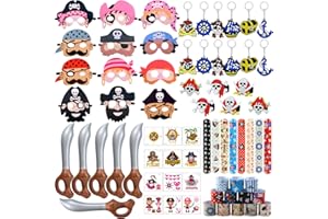 LATOCOS 72Pcs Piraten Party Mitgebsel Kindergeburtstag Piraten Schnapparmband Maske Aufkleber Ringe Schlüsselanhänger Aufblasbares Spielzeug Piraten Party Deko Halloween Preise Geschenke für Junge Mädchen