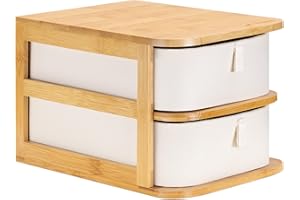 Navaris Szuflady do przechowywania makijażu - bambusowy organizer i tacki z tkaniny w kolorze kremowym - 2-poziomowa jednostka do łazienki, toaletki - dł. 23 x szer. 17,5 x wys. 15 cm