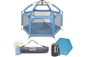tenty Baby Pop-Up Laufgitter Set für drinnen und draußen - 150 x 100 cm - mobiler Laufstall mit Tragetasche, UV-Dach und Bodenmatte - für zuhause, Reisen, Camping - Blau (Blau)