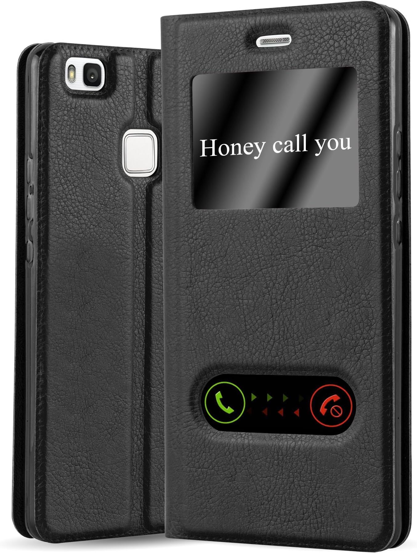 cadorabo Book Case works with Huawei P9 LITE in COMET BLACK - with Magnetic Closure, 2 Viewing Windows and Stand Function - Wallet Etui Cover Pouch PU Leather Flip