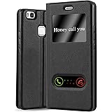 cadorabo Book Case works with Huawei P9 LITE in COMET BLACK - with Magnetic Closure, 2 Viewing Windows and Stand Function - Wallet Etui Cover Pouch PU Leather Flip