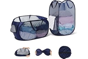 WUFANC Lot de 2 Panier A Linge Pliable en Maille avec Poignées, Grande Capacité (34 * 34 * 60cm/28 * 33 * 59cm) Panier Linge Pliable, pour Salle de Bain, Camping et Voyage (Marine-2)