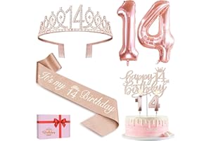 AMOSKING 14th Birthday Girl Decoration, 14th Birthday Sash and Crown, Cake Decoration Birthday and Candles, Rose Gold Balloons 14, 14th Gift for Girls Birthday Party Decoration Supplies