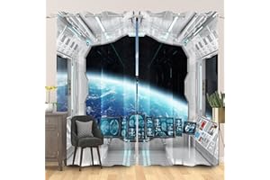 SDOTPMT 107x160cm Raumstation Fenstervorhang Futuristisch Science-Fiction Raumschiff Erde Planet für Junge Mädchen Fenster vorhänge Thermisch isoliert Vorhang für Schlafzimmer, 2 Stücke