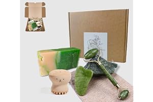 IDEASES Masajeador Facial JADE - GUA SHA facial - PIEDRAS de Jade para masaje facial - RODILLO FACIAL - Jabon ALOE VERA NATURAL - ANTIARRUGAS - TONIFICA Y REAFIRMANTE - Limpiador facial de Silicona