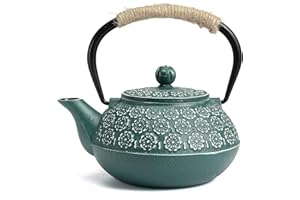 SUSTEAS Cast Iron Teapot, 900ml Tetsubin Japanese Tea Kettle With Infuser For Loose Leaf And Tea Bags, Tea Pot Coated With Enameled Interior, Dark Green