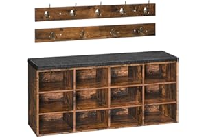‎HOOBRO HOOBRO Garderobe Schuhregal Set, Schuhbank mit 12 Fächern, Schuhregal mit gepolsterter Sitzbank, Wandgarderobe mit 9 Haken, Schuhschrank für, Eingangsbereich, Schlafzimmer Vintagebraun EBF112HX01G1