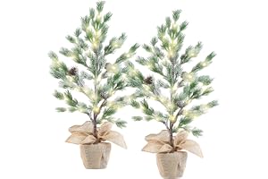 Britesta led-nålträd: 2-pack Dekorativa granar, i kruka, 24 LEDs, konstsnö och kottar (julinredning för hallar, deko-granar