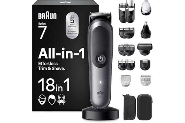 Braun Tondeuse Electrique Tout-En-Un Pour Hommes Series 7 AIO7585, Gris, Kit 18-En-1 Avec Lame ProBlade Et 8 Sabots, Coffret De Rasage Avec Accessoires, Conçue Pour Raser Barbe, Cheveux Et Corps