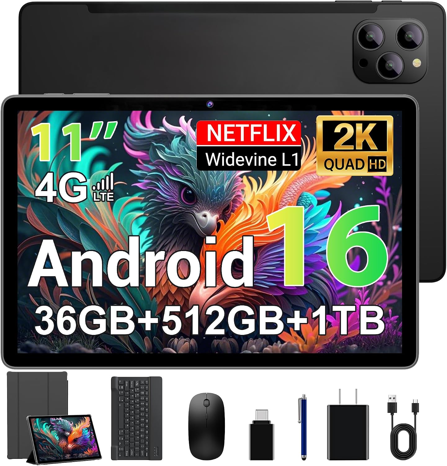 FASTWD Tablet 11 Pulgadas Android 16 Tableta Gaming con 4G Doble SIM y 5G WiFi,Octa-Core,36 GB RAM+512 GB ROM (1TB TF), 2K incell120Hz,8000mAh,13MP+8MP,Tablets con Teclado,Negro