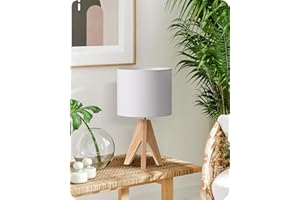 EDISHINE Lámpara de Noche de Madera, Lámpara de Mesa con Trípode Casquillo E27, Pantalla de Lino Blanco Vintage para Dormitorio, Sala de Estar, Regalo