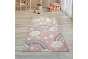 Teppich-Traum Alfombra Infantil Alfombra para habitación Infantil Arcoiris Nubes Corazones en Rosa Größe 80x150 cm