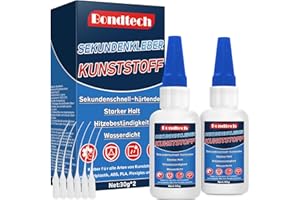 BONDTECH 60g Kunststoffkleber Extra Stark, Hitzebeständig Plastikkleber, Wasserfester Kunststoff Kleber, Anti-Trocknungsspitze, Sekundenkleber für Kunststoff, Plexiglas & Acryl