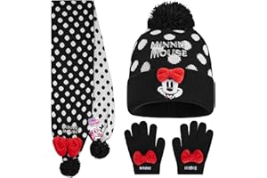 Disney Minnie Mouse Mütze Kinder Handschuhe Schal Set, 3-in-1 Beanie Mädchen, Weich & Warm, Winter Geschenke für Mädchen