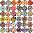Mahaohao 100pcs Mixed Random Flower Painting Round 2 Holes Wood Wooden Buttons for Sewing Crafting 20mm