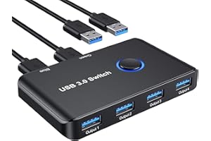 ABLEWE 4 Porte USB 3.0 Switch, Commutatore USB Switch per 2 PC, KVM switch a 2 ingressi e 4 uscite con 2 cavi USB 3.0 per stampante, Scanner, Tastiera, Disco U, Disco rigido, Mouse, Auricolare.