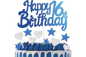mciskin 16th Birthday Cake Topper,16th Birthday Decorations for Boys Girls,Royal Blue Cake Decorations,Personalised Cupcake Toppers with Heart Star for Girl Boy Women Men Birthday Party Supplies