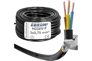 EBROM Câble H03VV-F 3G 0,75 mm² - 3 x 0,75 mm² - Noir - 10 m, 25 m, 50 m et 100 m