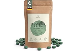 BIONUTRA® Spiruline Chlorella Bio Comprimés 1000 x 250 mg, paroi cellulaire brisée, contrôlés pour les résidus, produits selon le règlement bio UE, vegan, sans lactose & sans gluten, sans additifs