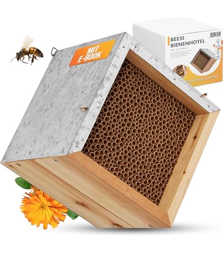 Wildbienen-Nisthilfe  absolut haltbar & wetterfest. Insektenhotel mit  Bambus-Nisthlsen. Hochwertiges Wildbienenhotel fr Gartenfreunde (Beige,  mit Vogelschutzabdeckung) : Amazon.de: Garten