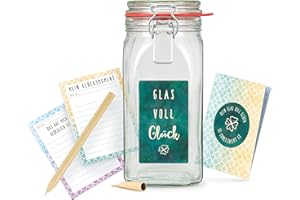 DER ZUCKERBÄCKER Glas voll Glück - ein großes Bügelglas, in dem all Deine Glücksmomente gesammelt werden, befüllt mit: 1x Glücksstift, 2x Blöcke zum Schreiben, 1x Anleitung, süße Geschenk-Idee für Glückssammler