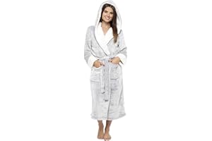 Slumber Hut® Womens Girls Fleece Dressing Gown Grey Star Sherpa Hooded Luxury Robe - Matching Ladies Childrens Sizes - Adult Size 8 10 12 14 16 18 20 22