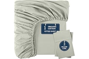 Lane Linen 100% Organic Cotton Fitted Sheet Double – Mineral Green Bottom Sheet with 2 Pillowcases, Soft & Breathable, 35 cm Deep Pocket, All-Around Elastic