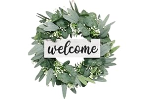 ‎LOMOHOO LOMOHOO 46cm Künstlicher Eukalyptus Kranz Willkommenskranz für Haustür-Bauernhaus Willkommensschild Festival Wohnkultur Frühlings Sommerdekoration für Haustür und Fenster im Freien