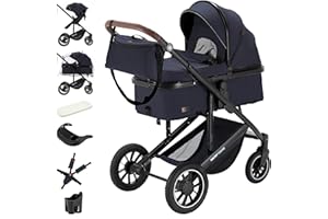Daliya® FLEXI-PRO M 2in1 Kombikinderwagen & Buggy – XXL-Set, Reise-Kinderwagen mit Einhand-Abnahme, Wetterschutz, Sportsitz, Wickeltasche, Spieltisch, Regenschutz, dicke Matratze (Blau-Grau)