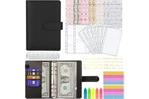 MARICATO Classeur Budget A6, 29 Pcs Enveloppe Budget, 6 Anneaux Classeur Budget Enveloppe avec Dégager Poches Zippées,Feuilles de Budget,Étiquettes et Catégorie Autocollants,Stockage Cartes,Règle,Noir