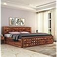 SONA Art & Crafts Solid Sheesham Wood King Size Bed with Storage + 2 Bedside | Wooden King Size Cot Bed Double Bed with Box Storage Furniture for Bedroom Home -Diamond, Teak Finish (Assembly Included)