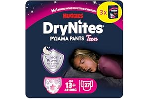 Huggies DryNites pieluchy nocne na moczenie nocne, dla dziewczynek w wieku od 13 do ok. 17 lat (48-60 kg), 27 sztuk (3 x 9), opakowanie miesięczne, pieluchy