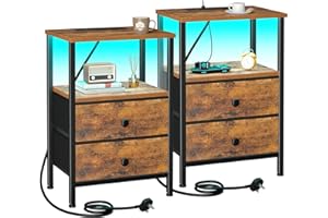 AMHANCIBLE Night Stand Set 2, LED Nightstand with Charging Station, End Tables with Storage Shelf, Bedside Table with 2 Fabric Drawers for Bedroom, Small Spaces UHETS02PBR