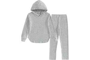 Xumplo Girls 2 Pieces Outfits Kids Ribbed Hoodie Tops and Leggings Pants Set Tween Girls Grey Clothes Set 5-12Y