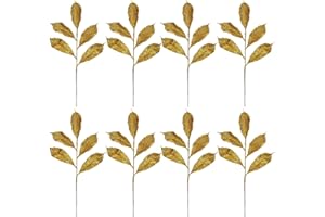 ‎OAIRSE Oairse 8er-Set Künstliche Blätter Kunstpflanze Kunstzweig, Glitzer-Kunstzweig für Weihnachtsbaum-DIY-Dekoration, künstliche Blumen für Weihnachtsbaum, Christbaumschmuck, Neujahrs-Ornamente, Gold