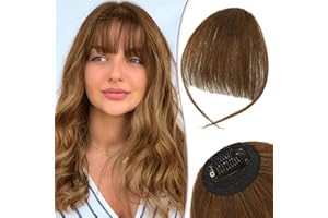 RUWISS 100% naturalne włosy Remy, Clip in, grzywka, prawdziwe włosy, do noszenia na co dzień (średni brąz)