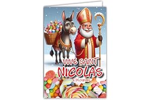 AFIE 68-1335 Carte avec Enveloppe Vive Saint Nicolas avec son âne gris 6 décembre Bonne fête des écoliers enfants sages comme des images à collectionner pour Garçons Filles Bombons - Fabriqué en France