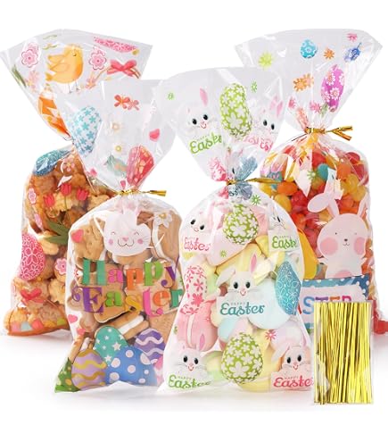 BOOSHMall 50 Sacchetti Regalo Di Pasqua In Cellophane 27x13 Cm Con Chiusure Dorate - 2