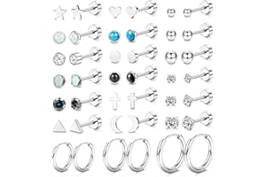JeweBella 21Pairs Small Stud Earrings for Women Girl Surgical Steel Flat Back Earrings Silver Cartilage Hoops Earrings Set Hypoallergenic Opal Star Moon Zirconia Moonstone Piercing Sleeper Earrings