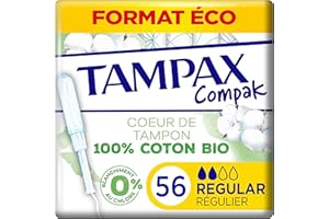 Tampax Compak Cotton Protection, Régulier, 56 Tampons Avec Applicateur en Plastique Végétal, Flux Légers à Moyens, Coeur de Tampon En Coton Biologique